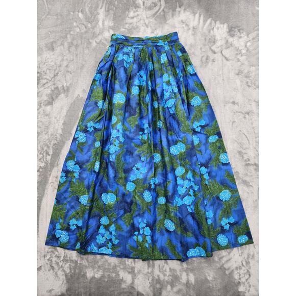 Vintage 40s VIP Fabrics Floral Pleated Maxi Skirt Size S Blue Green Metal Zip - Picture 4 of 7